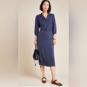 Women's Navy Pinstripe Long Sleeve Belted Midi Dress